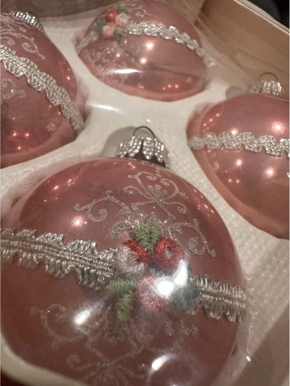 VTG Krebs USA Glass Christmas Ball Ornaments Appliqué Lace Frosted Glitter Pink
